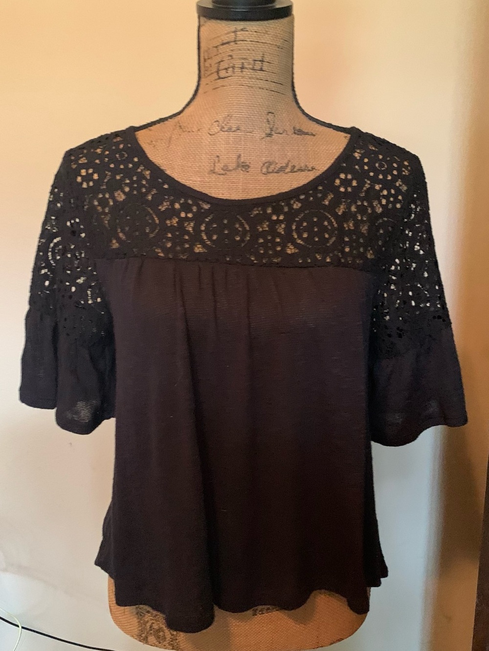 a.n.a Black Crochet Yoke Short Sleeve Blouse